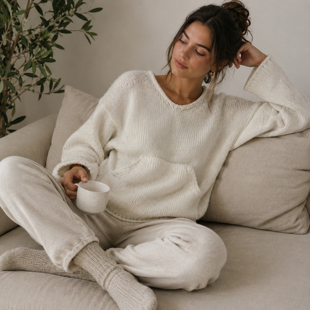BDG Sweater Womens XL Cream Oversized Chunky Knit V Neck Kangaroo Pocket